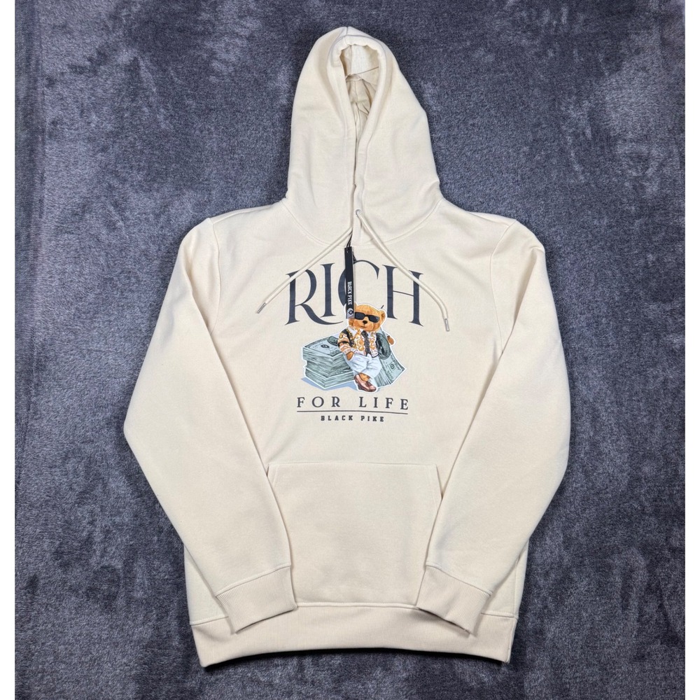 NWT Black Pike Rich For Life Teddy Bear Money Graphic Hoodie Cream Mens XL